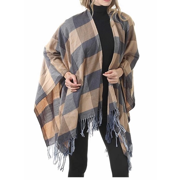 Plaid Open Front Blanket Shawl Scarf Wrap Poncho - Picture 3 of 5